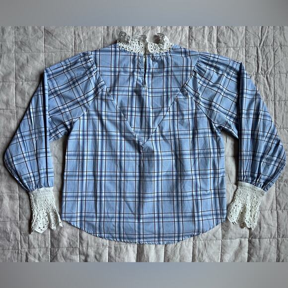 English Factory White Eyelet Ruffle Blue Plaid Poplin Long Sleeve Blouse - Small - Picture 2 of 8